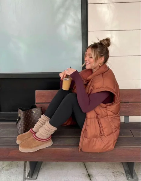 Puffer Vest and Leg Warmers with Tan Ugg Tasman Slippers — Ugg Slippers Outfits
