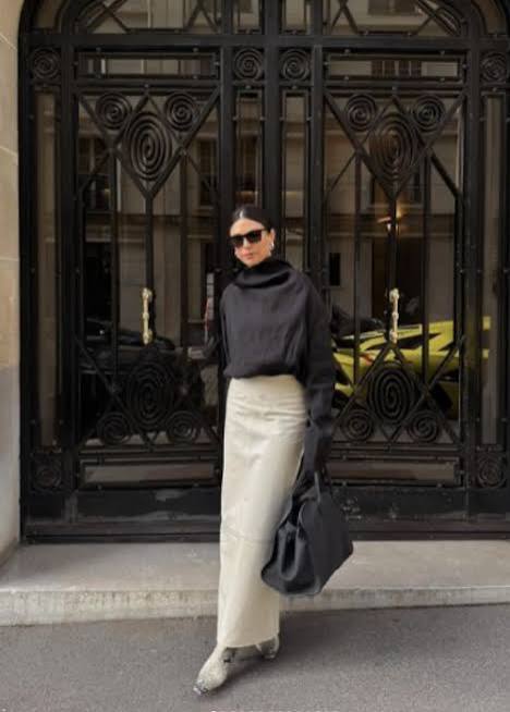 Cream Satin Maxi Skirt with Black Turtleneck and White Boots — Winter Skirt Outfits
