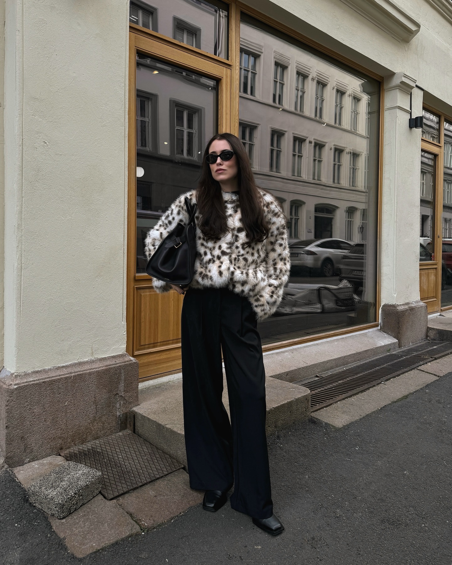 Leopard Faux Fur Sweater and Wide-Leg Trousers: Chic Smart Casual — Scandinavian Winter Outfits