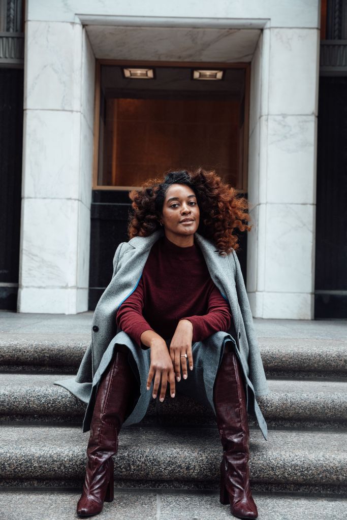 Maroon Boots with Crewneck Sweater and Draped Coat — Knee High Boots Outfits