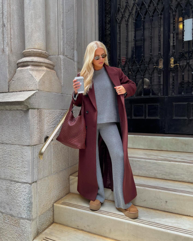 Long Burgundy Wool Coat Over Grey Knit Set — Burgundy Outfits