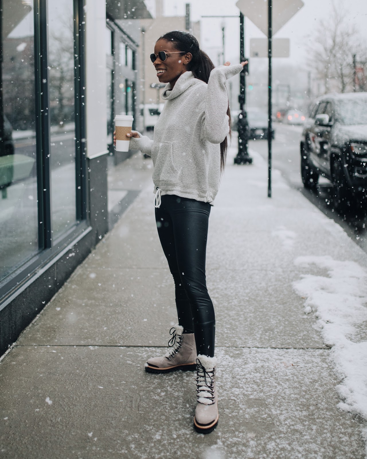 Cozy Knit Sweater Paired with Faux Leather Leggings — Winter Athleisure Outfits