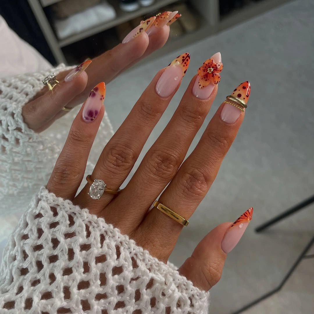 almond nails 2027 orange floral almond nails