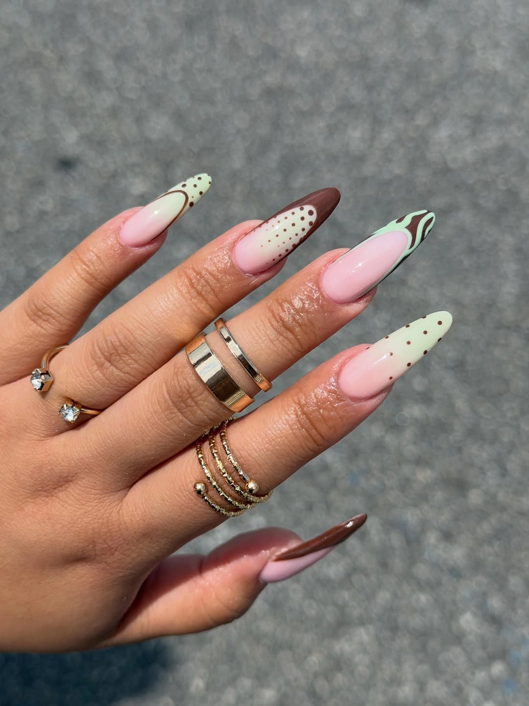 almond nails 2027 pink brown almond nails with polka dots