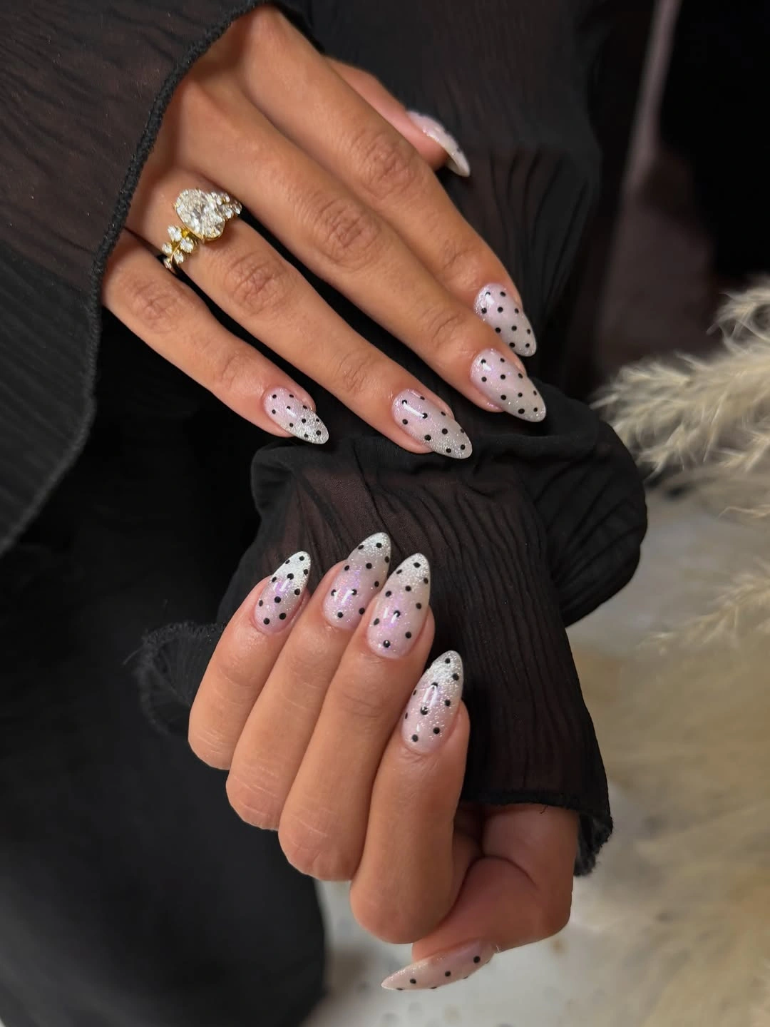 almond nails 2027 sheer pink black polka dot almond nails