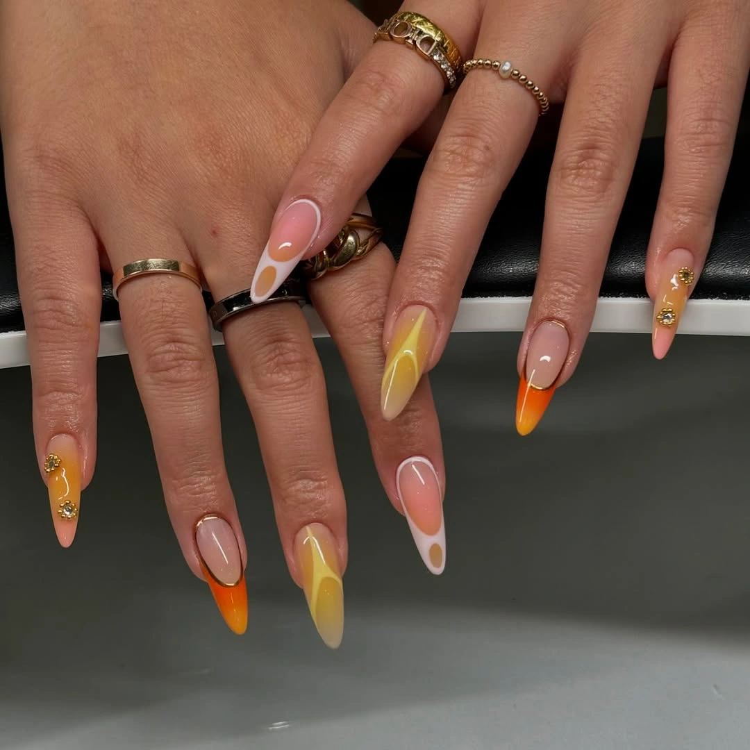 almond nails 2027 yellow orange summer almond tips