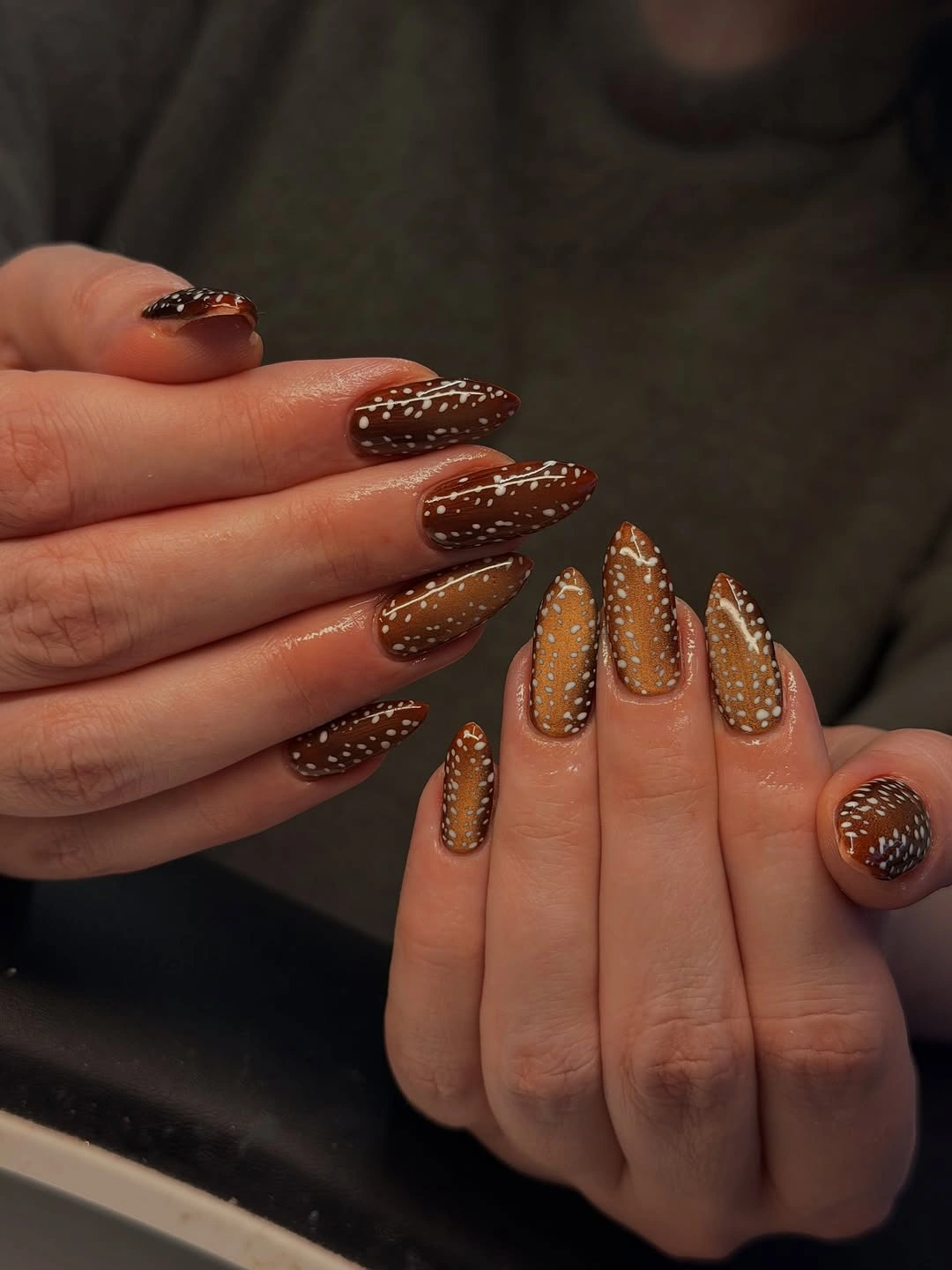 almond nails 2027 brown almond nails with white polka dots