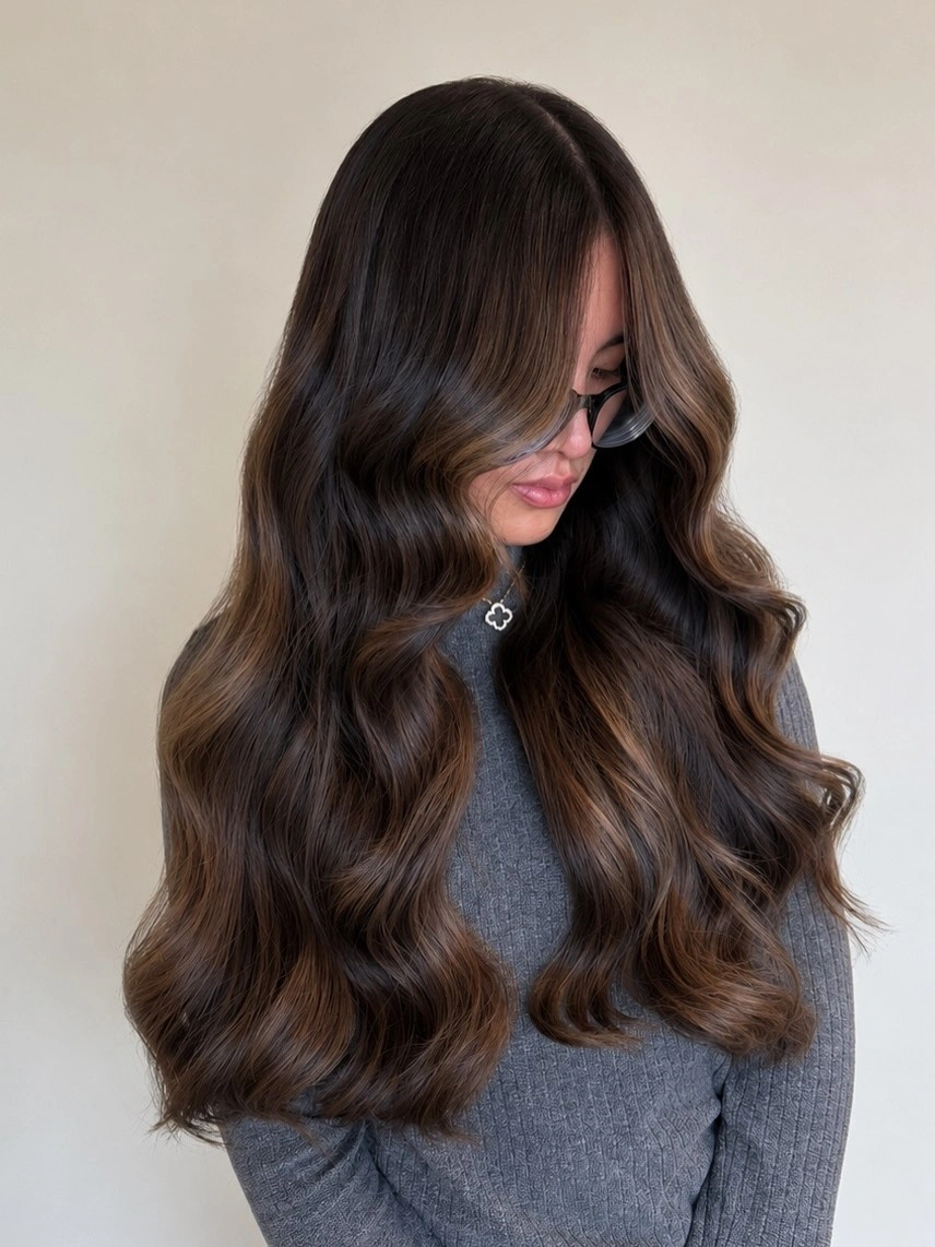 balayage on dark hair color Soft Mocha Waves With a Face Framing Finish