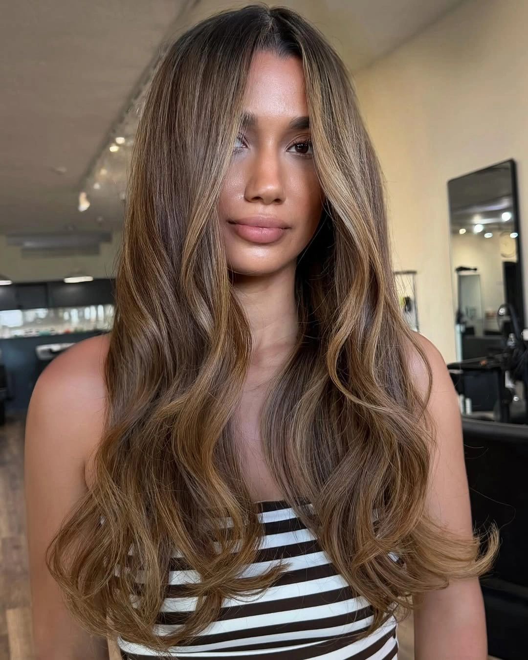 balayage on dark hair color Caramel Honey Brunette With Long Face Framing Layers
