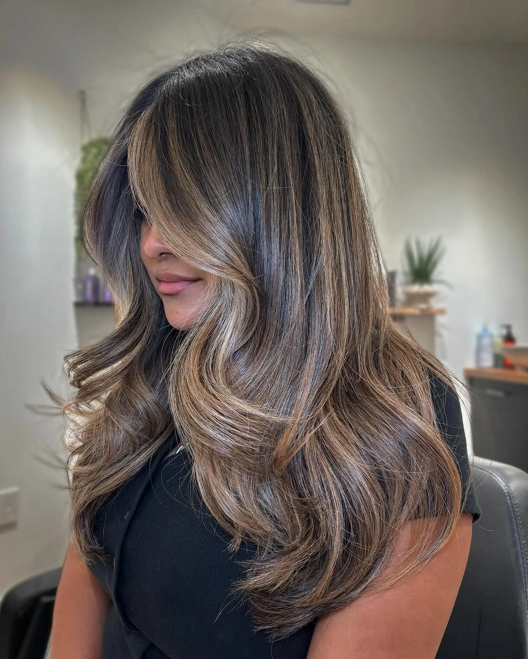 balayage on dark hair color Cool Mushroom Brown With a Face-Framing Sweep