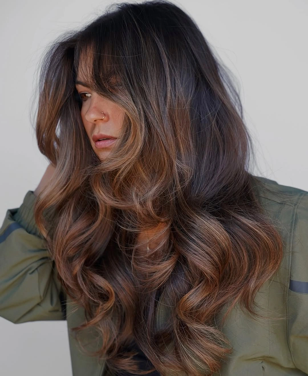 balayage on dark hair color Warm Brown Copper Waves for an Autumn Mood