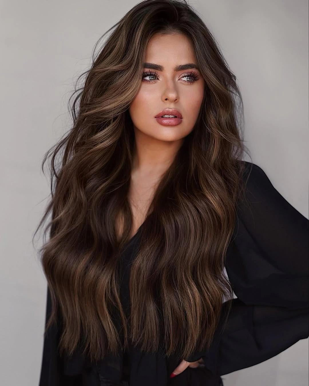 balayage on dark hair color Long Espresso Hair With Cocoa Ribbons