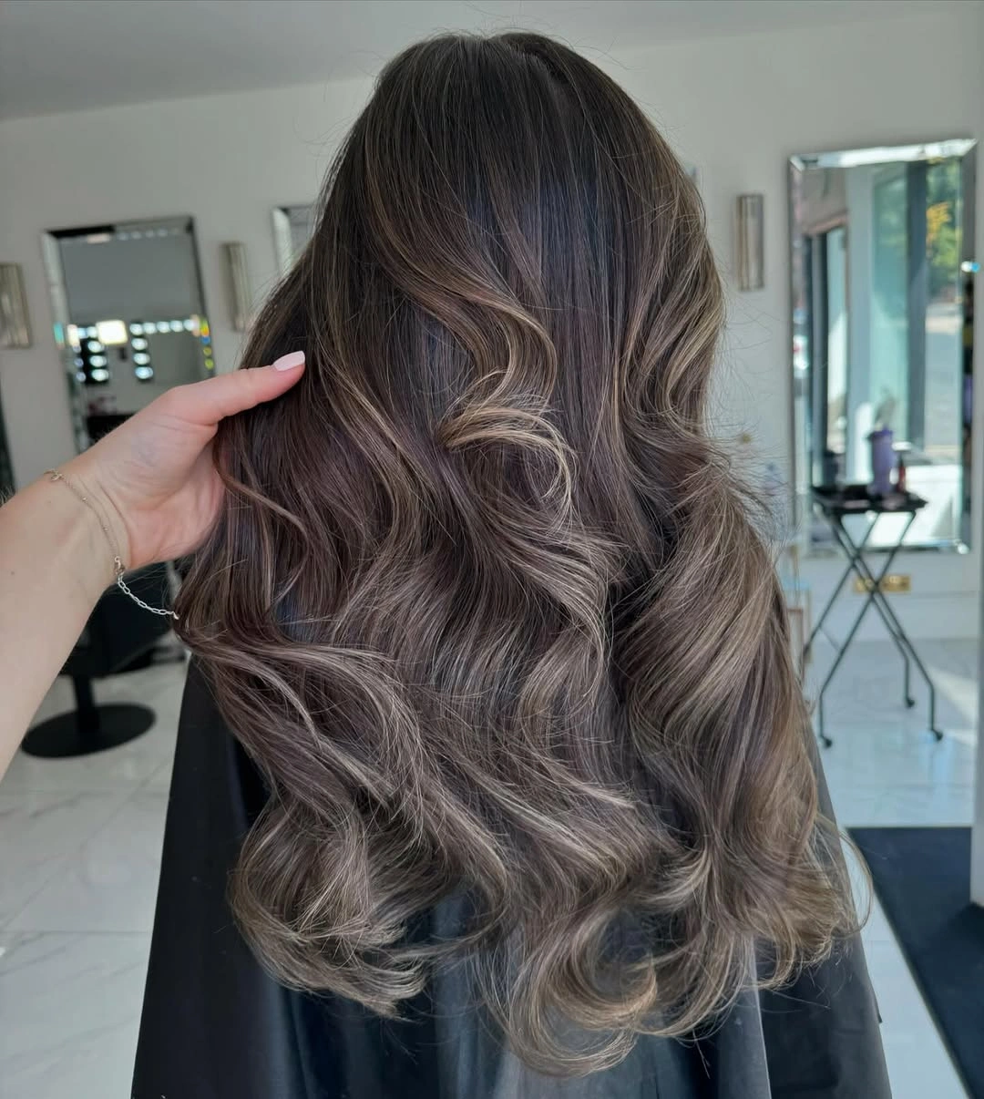 balayage on dark hair color Cool Milk Tea Ribbons on Deep Brunette