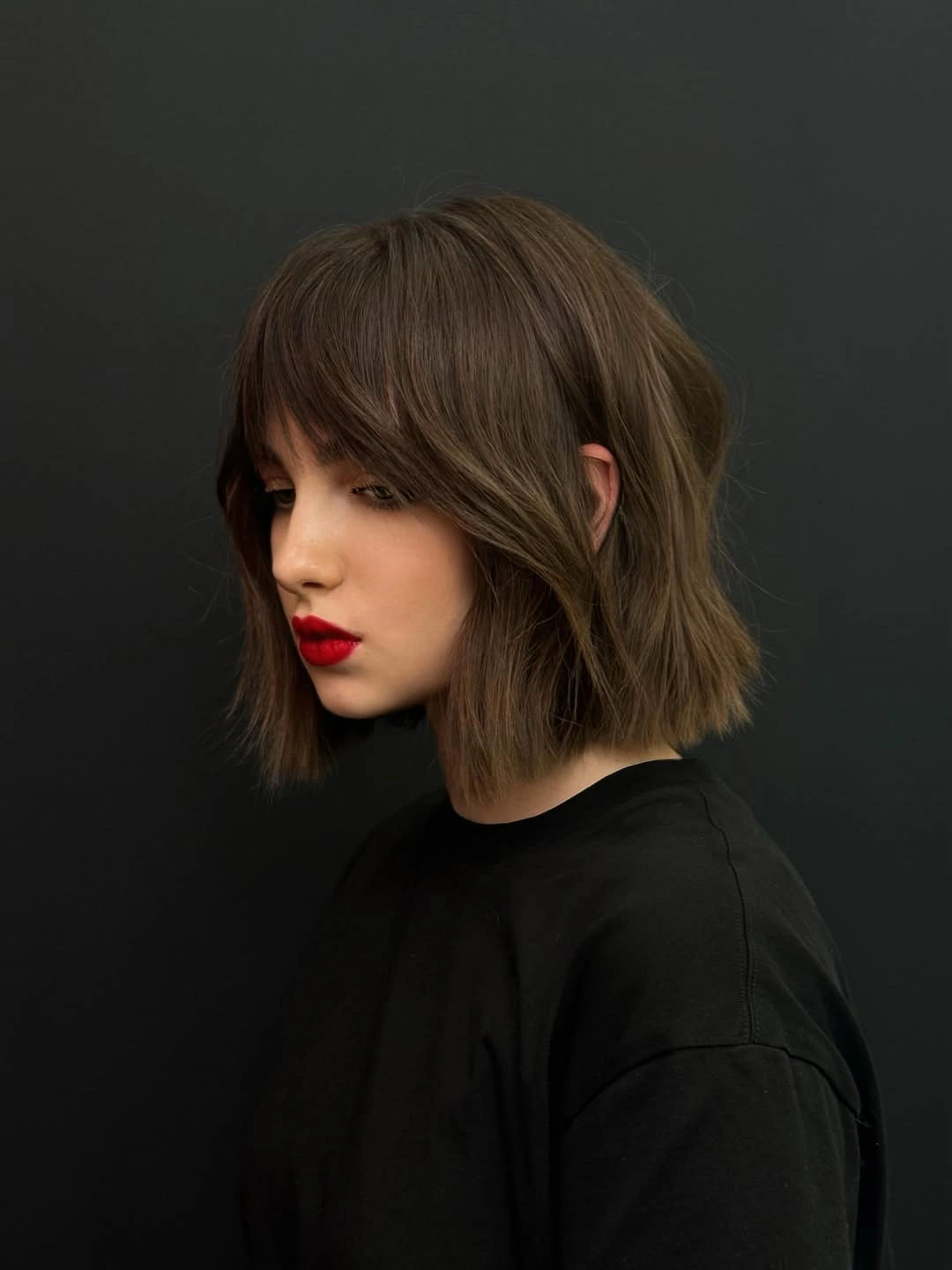 Bob with bangs haircut Soft Brown Bob With Full Bangs