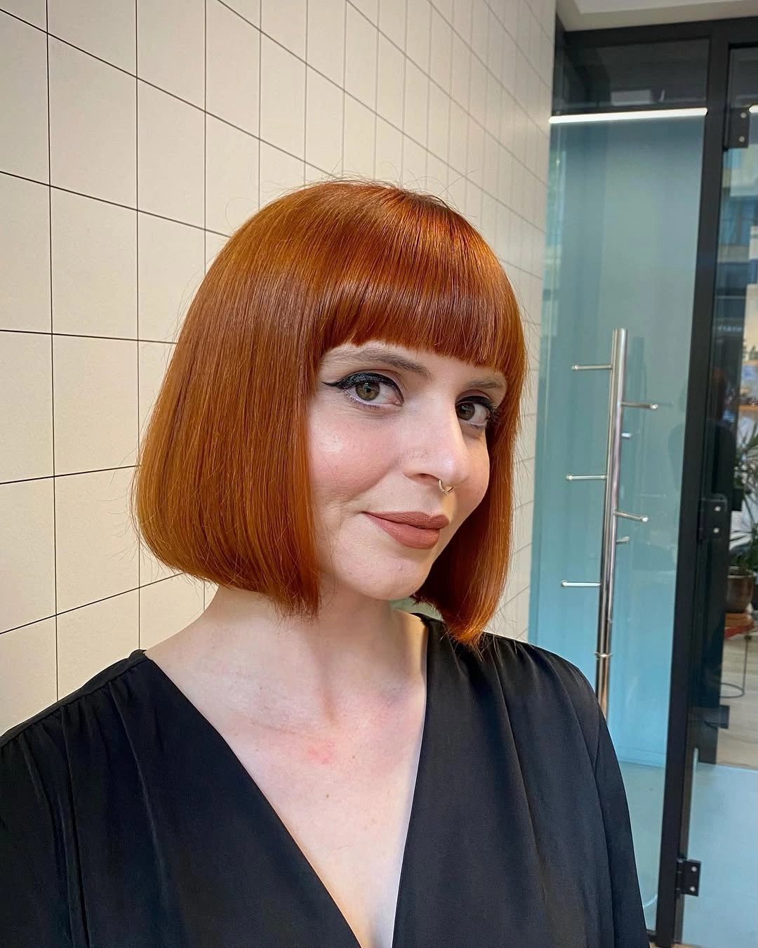 Bob with bangs haircut Copper Classic Bob With Blunt Bangs