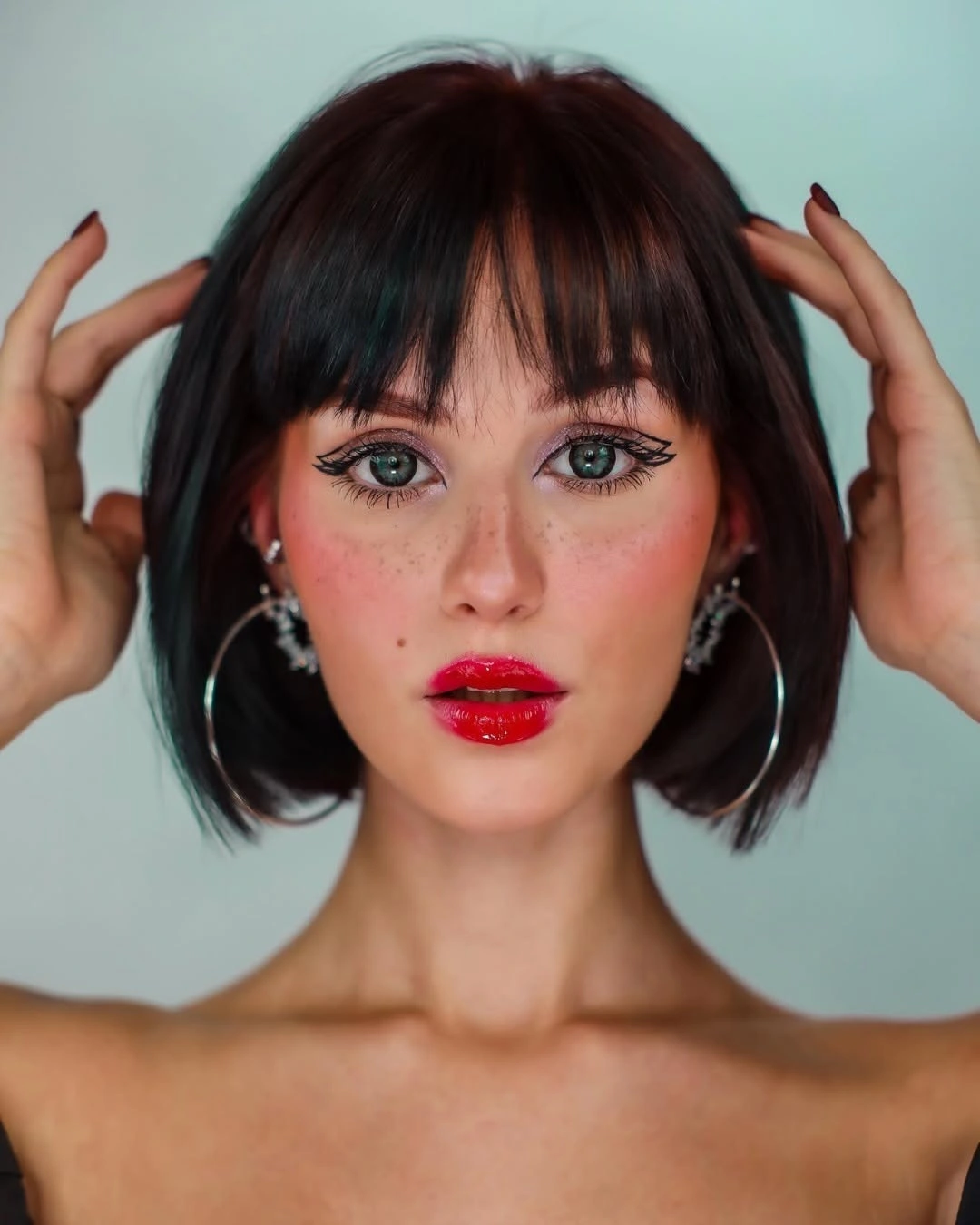 Bob with bangs haircut Glossy Black Bob With Short Bangs