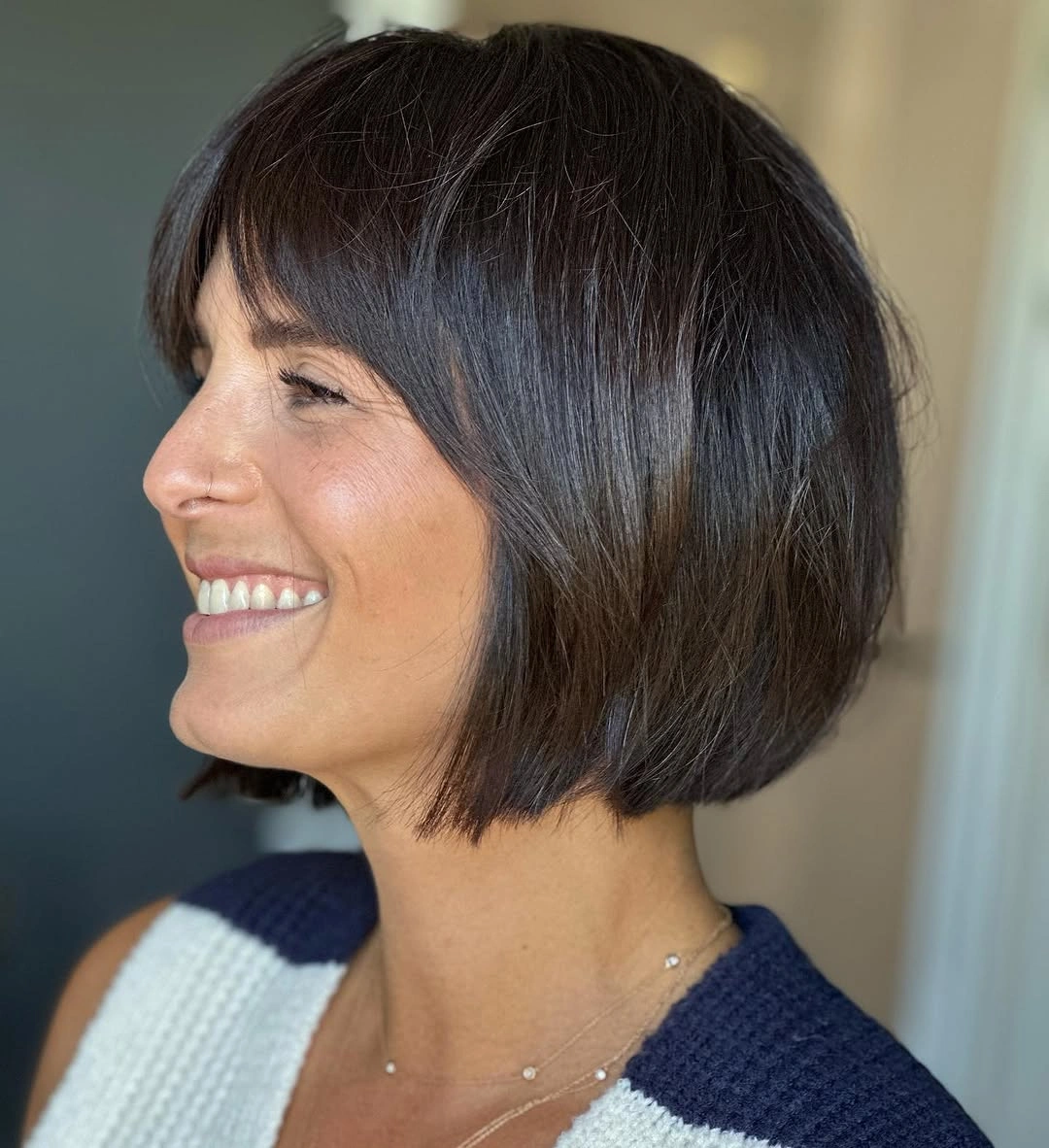 Bob with bangs haircut Layered Brunette Bob With Soft Bangs
