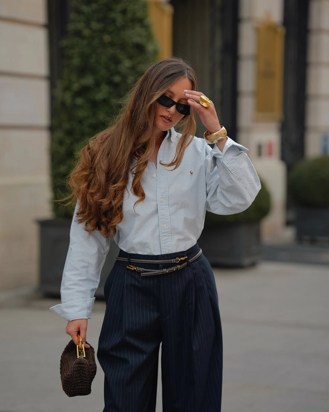 business casual dress code for women Striped Shirt And Wide Trousers For Everyday Polish