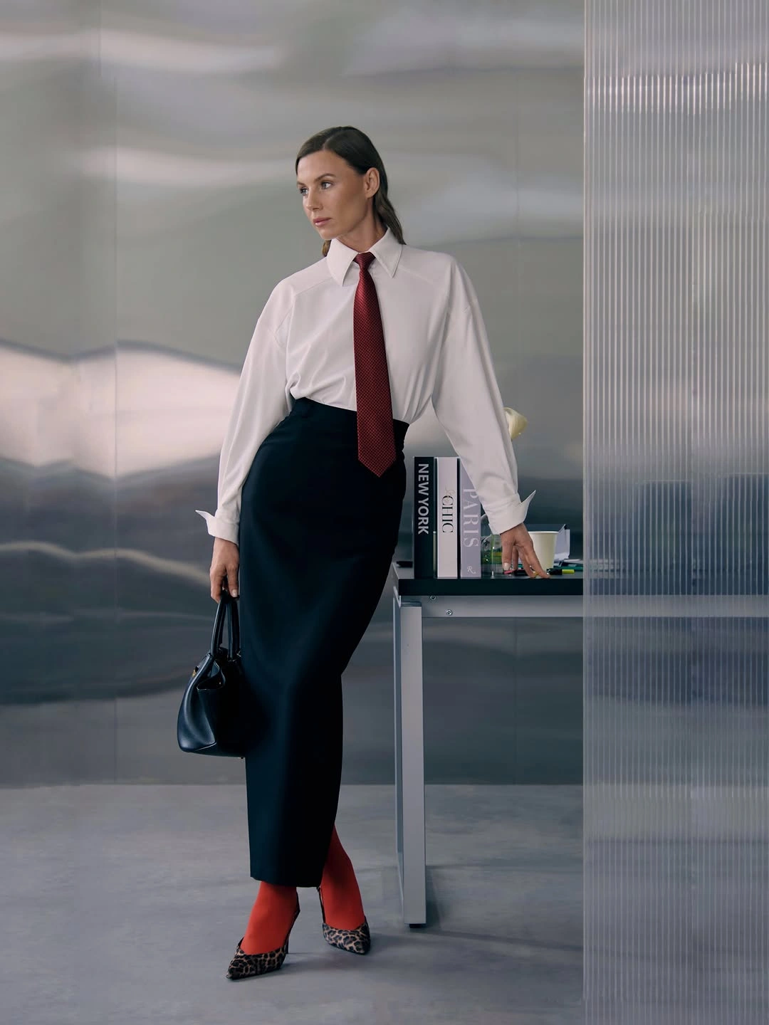 business casual dress code for women White Shirt And Burgundy Tie With A Feminine Twist