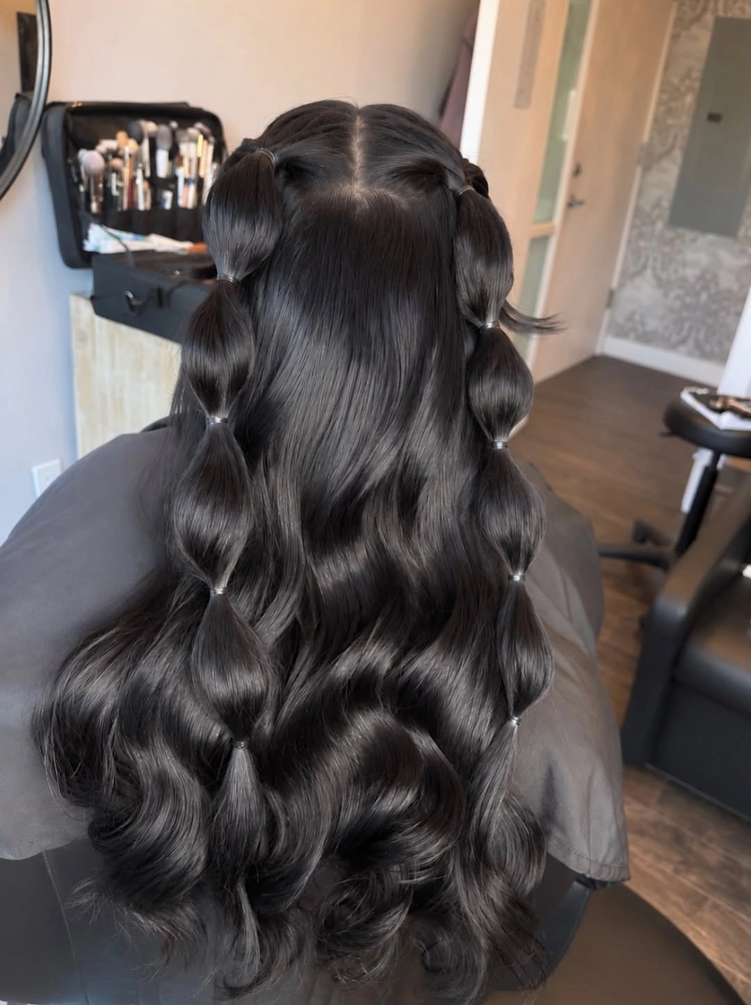 chic bubble braid hairstyle Glossy Half Up Double Bubbles
