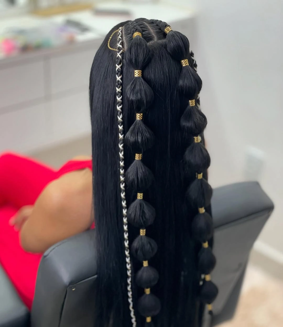 chic bubble braid hairstyle Golden Accented Double Bubble Braids
