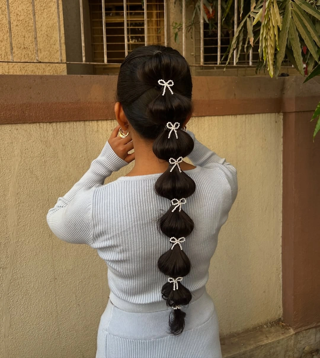 chic bubble braid hairstyle Pearl Bow Bubble Braid