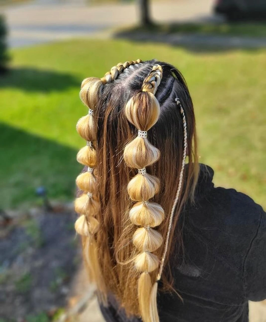 chic bubble braid hairstyle Blonde Double Bubble Braids
