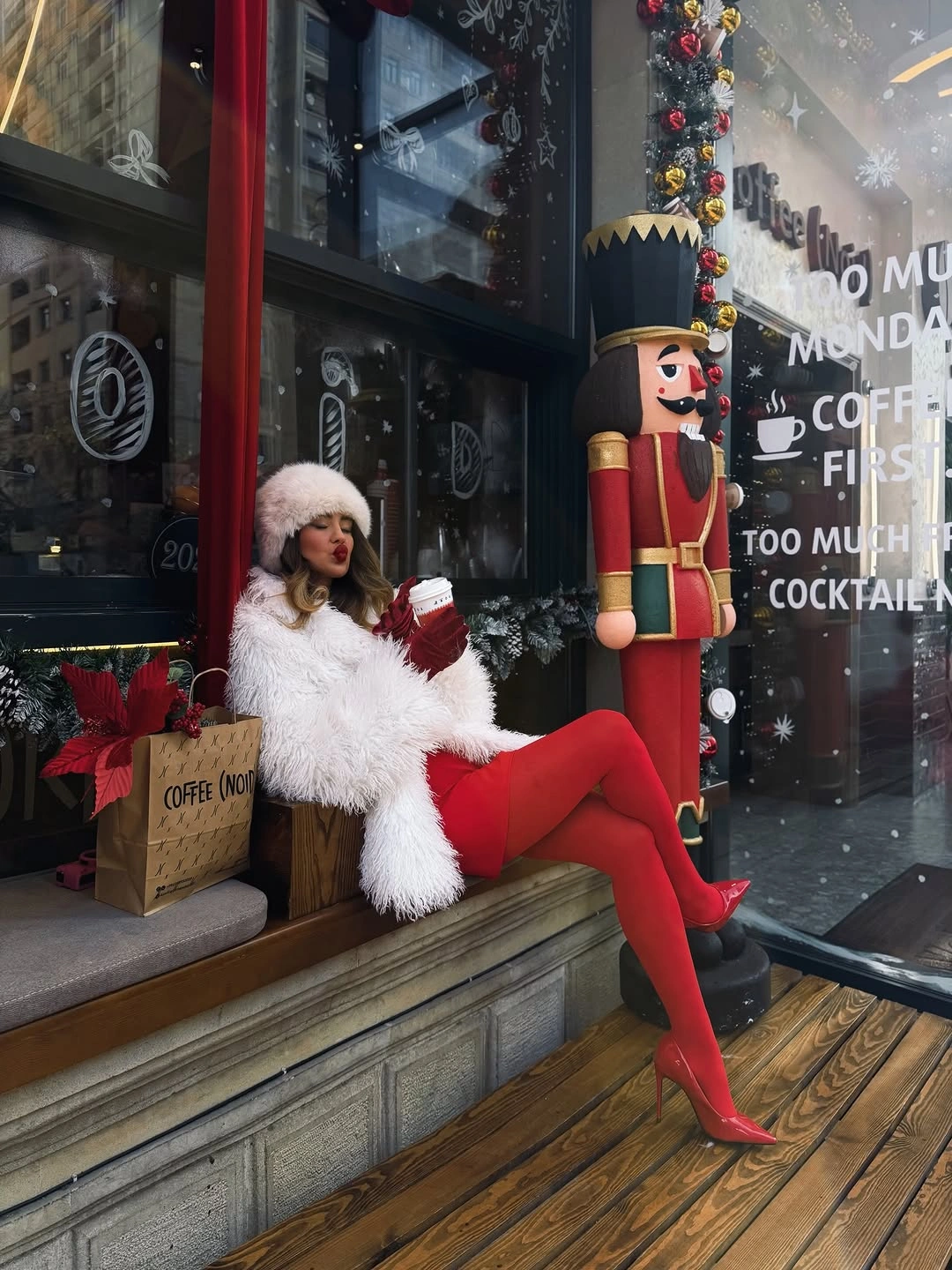 christmas outfits 2026 White Faux Fur And Scarlet Holiday Glamour