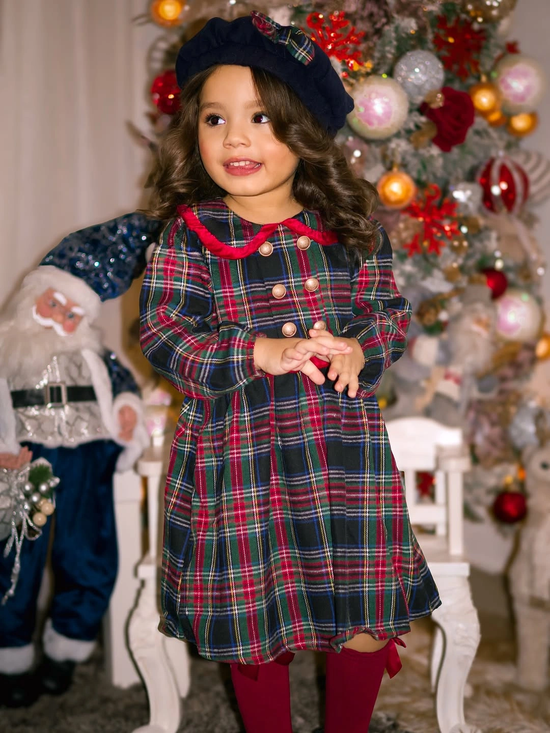 christmas outfits for kids 2026 Classic Tartan Dress With A Playful Beret