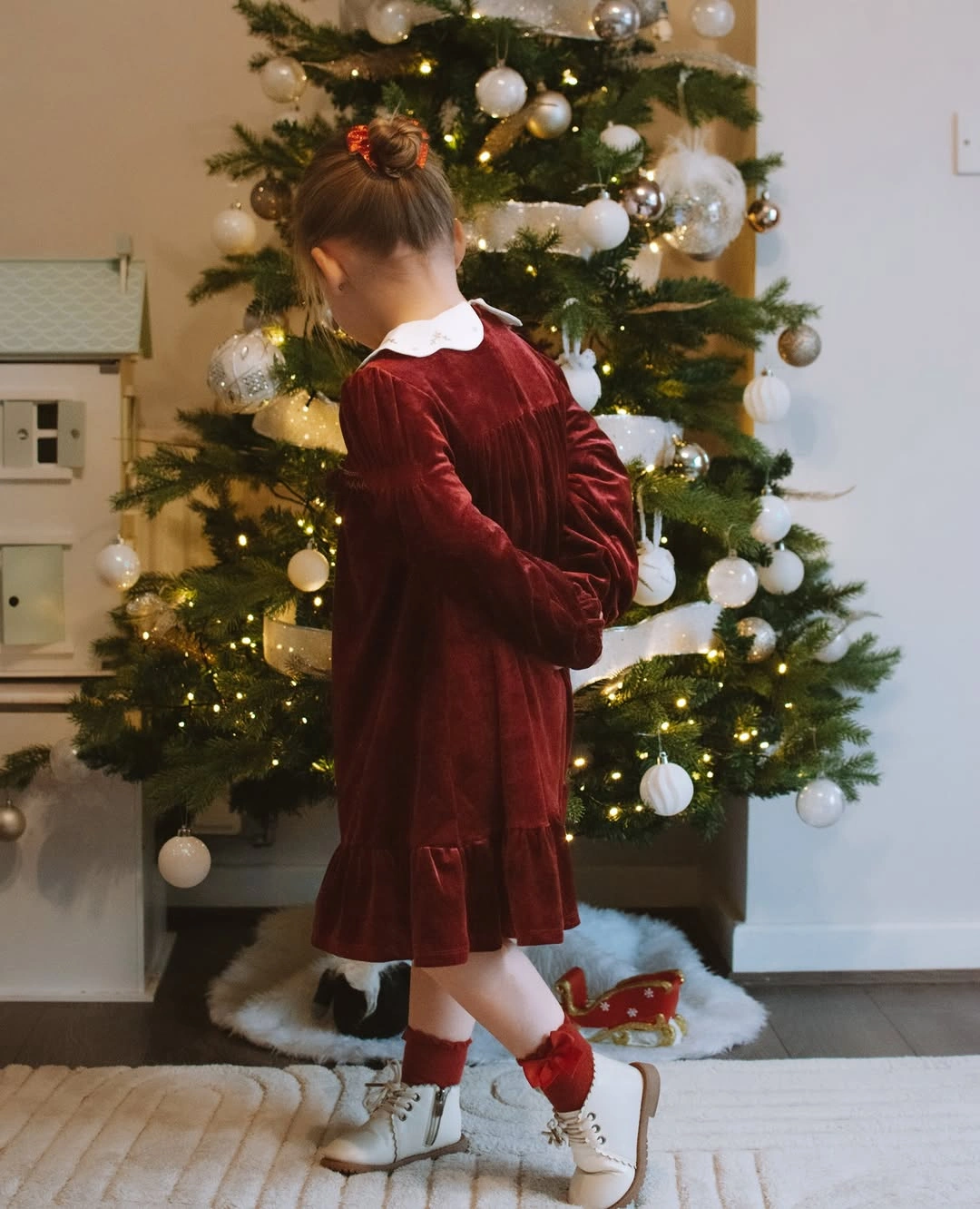 christmas outfits for kids 2026 Burgundy Velvet Dress With Winter White Boots