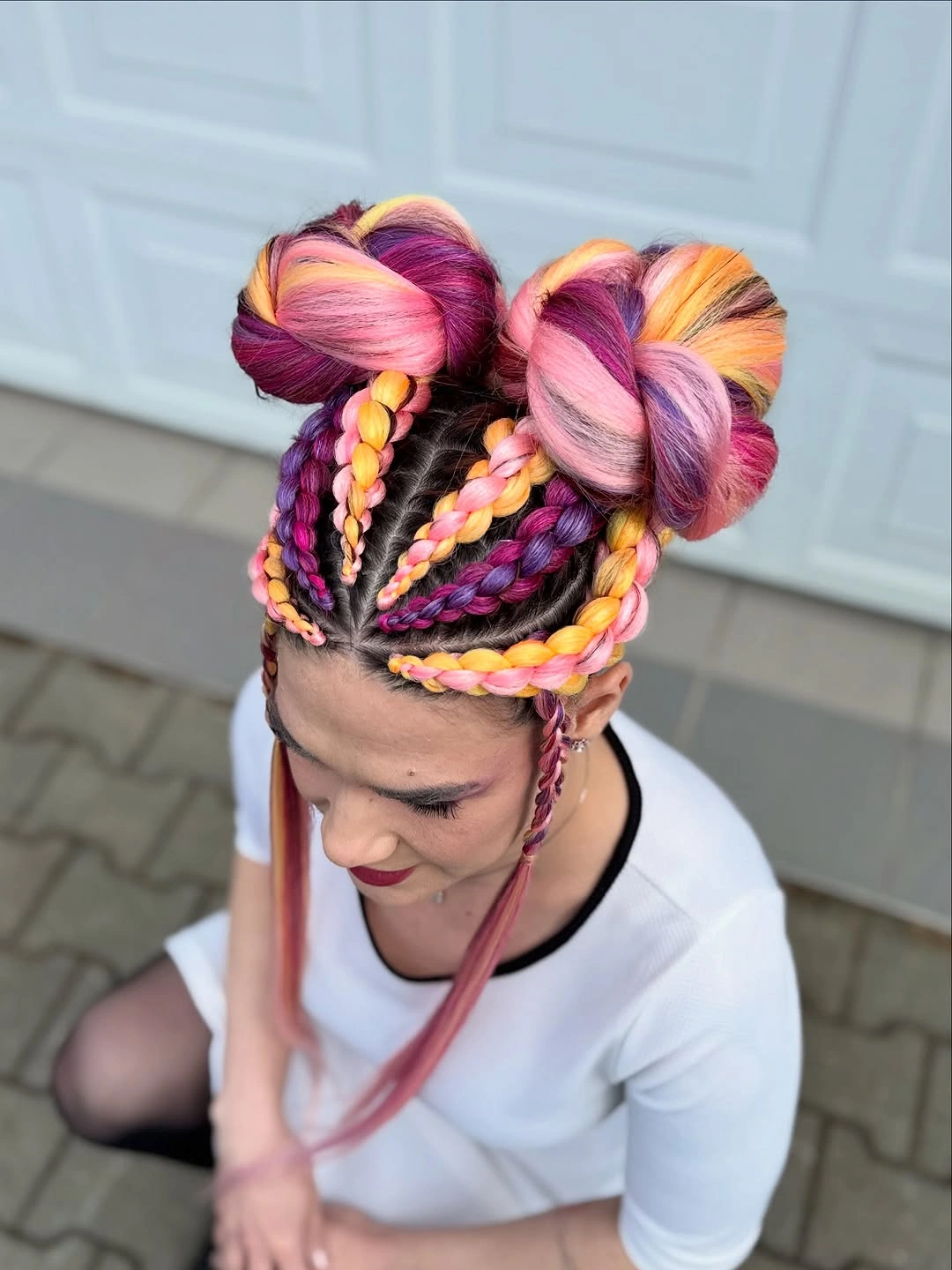 cute braid hairstyle for women Colorful Double Buns With Playful Braids