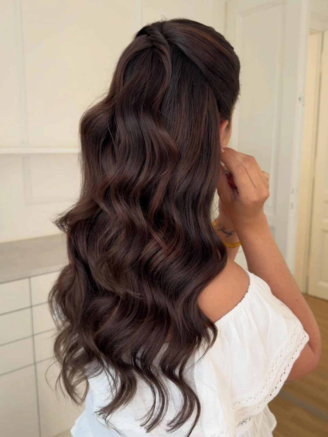 deep waves hairstyle - Chocolate Brown Half Up Deep Waves