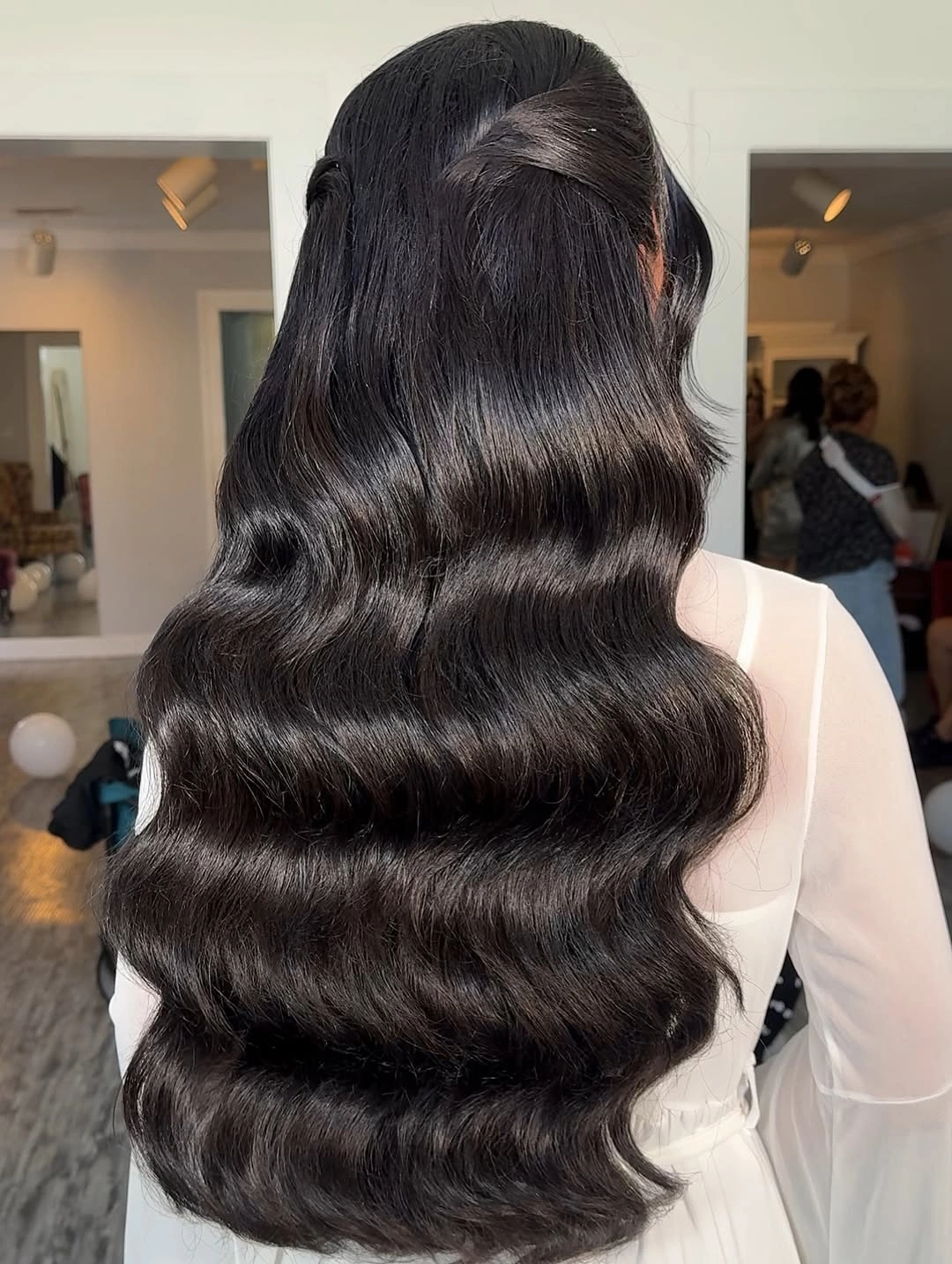deep waves hairstyle - Classic Black Half Up Waves