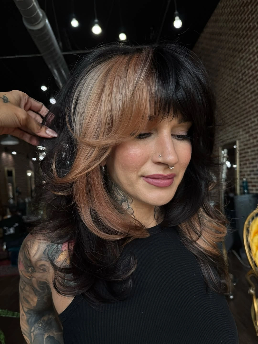 dyed hair for women Black Hair With Warm Caramel Panels