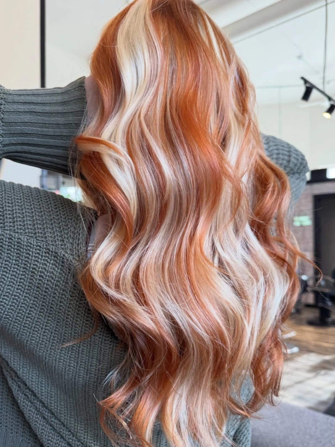 dyed hair for women Apricot Copper Waves With Creamy Blonde Ribbons