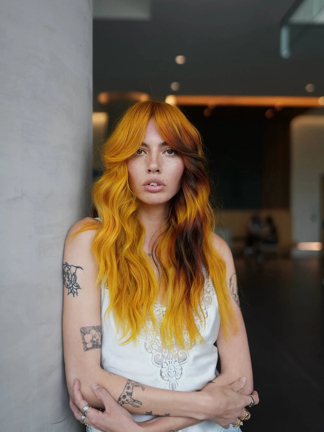 dyed hair for women Golden Copper Waves With A Dramatic Split