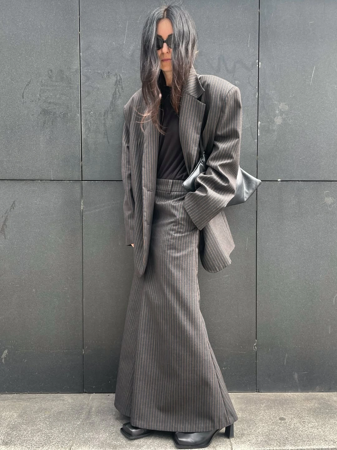 early winter outfits Pinstripe Tailoring With a Longline Skirt