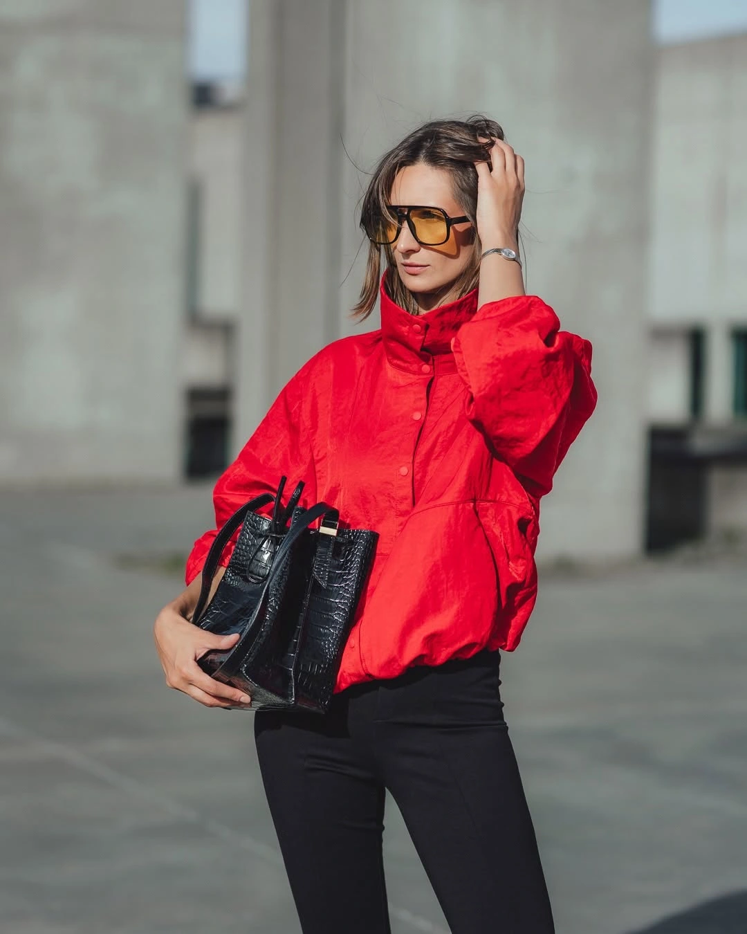early winter outfits Scarlet Windbreaker With Sleek Black Basics