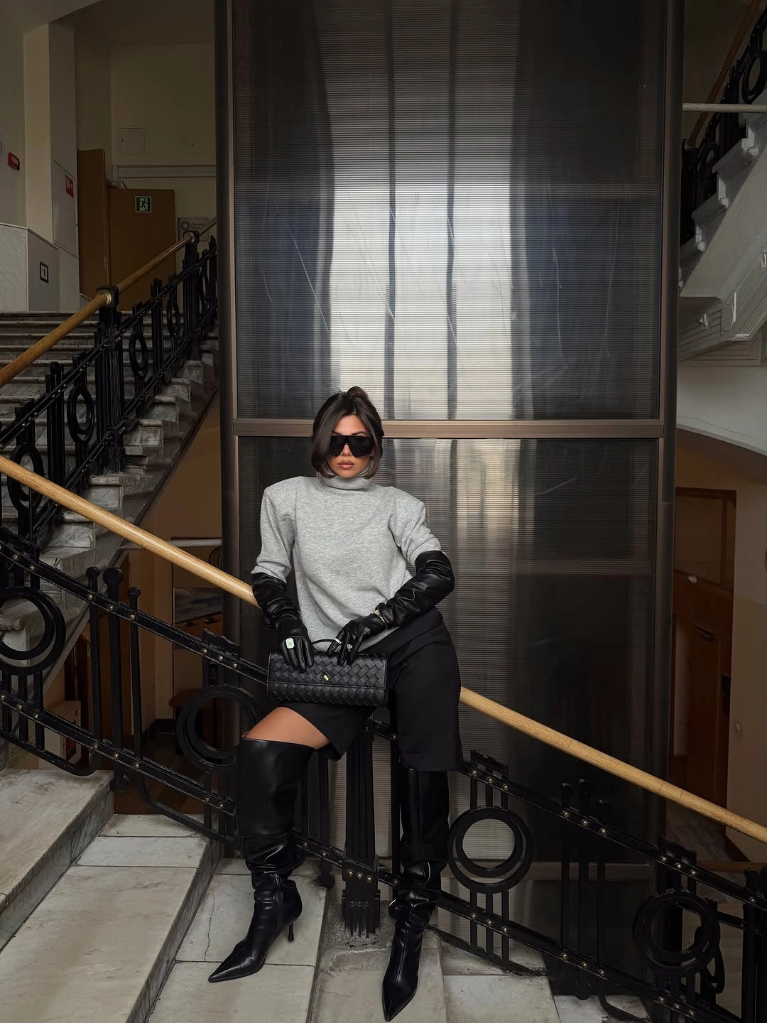 early winter outfits Gray Knit With Black Leather Drama