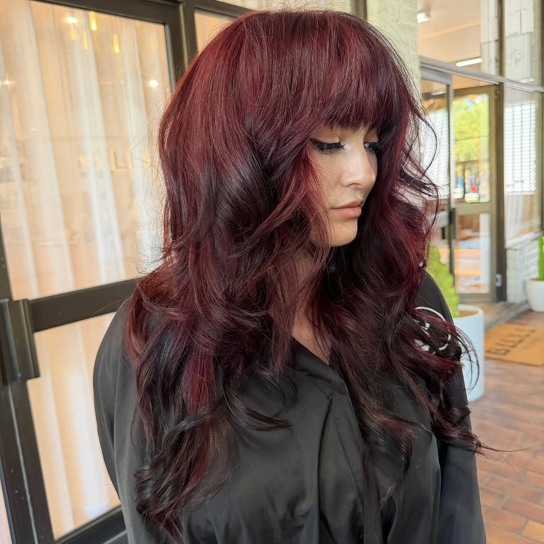 haircuts for plus size women 2027 Rich Burgundy Waves With Curtain Bangs