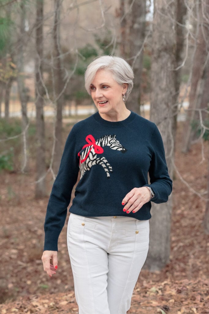 Zebra Graphic Knit Sweater for a Playful Casual Look — Winter Outfits for Women Over 50