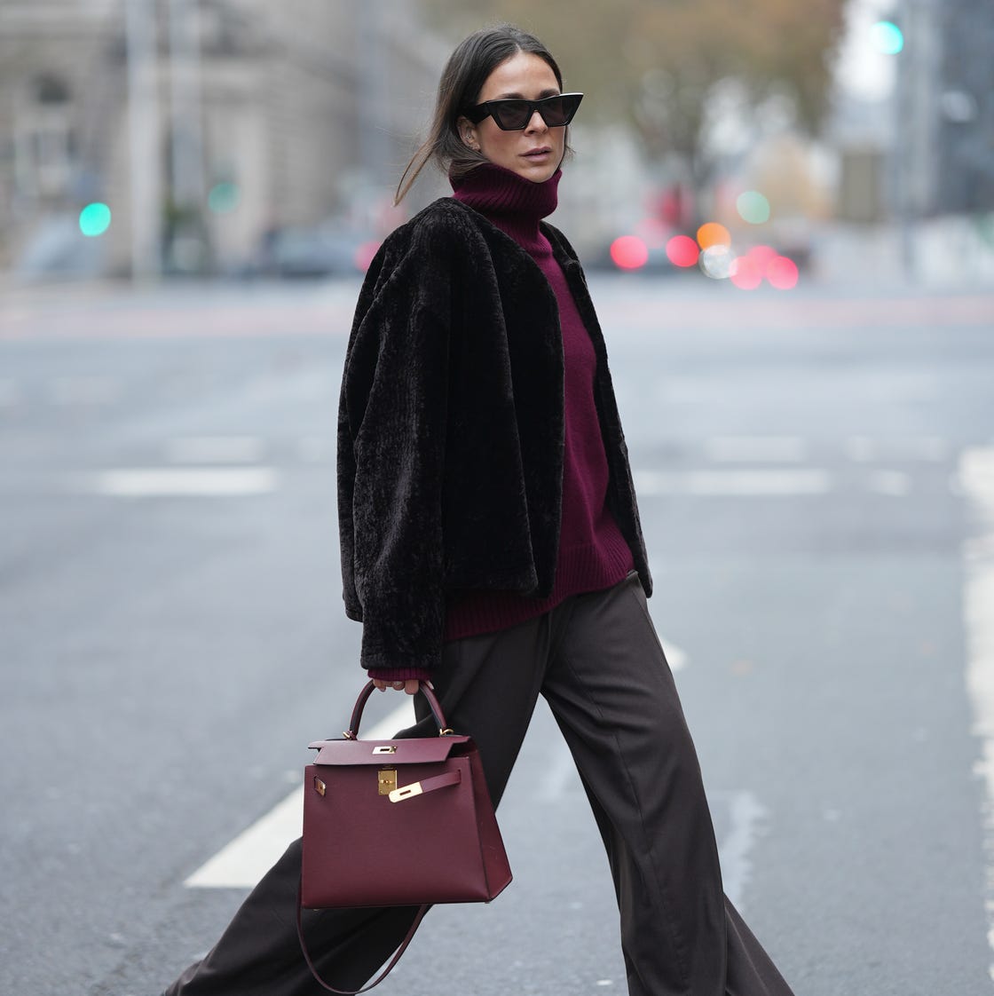 Luxurious Black Faux Fur Jacket with Burgundy Accents — Warm Winter Outfits