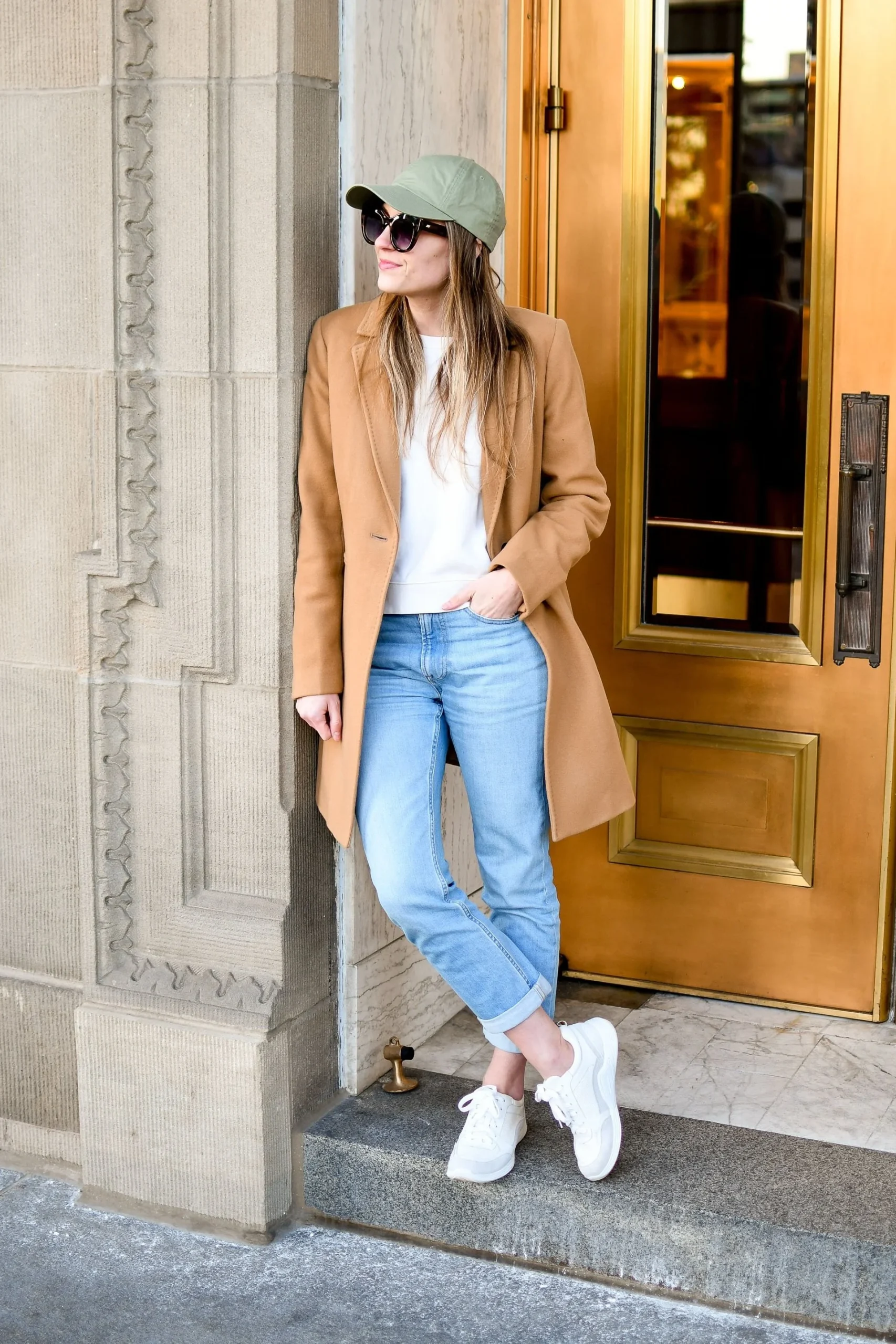 Camel Coat White Crew Neck Sweater Outfit Idea — Winter to Spring Transition Outfits