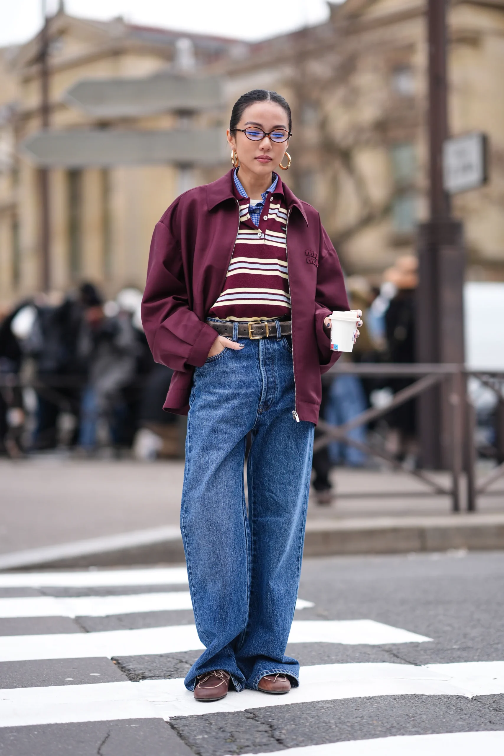 Oversized Burgundy Jacket Layered Over Stripes and Jeans — Winter Brunch Outfits
