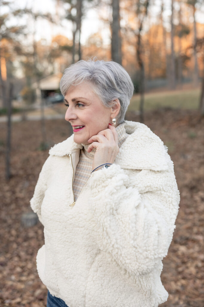 Cozy Cream Fleece Jacket with Beige Knit Turtleneck — Winter Brunch Outfits