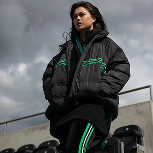 Bold Striped Puffer Jacket with Hoodie and Sweatpants — Winter Streetwear Outfits
