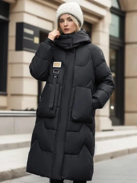 Longline Black Puffer Coat with Knit Beanie in Monochromatic Style — Winter Streetwear Outfits