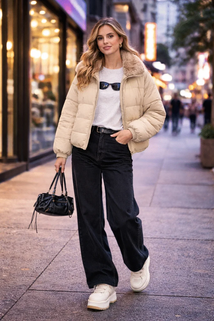 Streetwear Ready: Beige Puffer Jacket and Wide-Leg Denim — Y2K Winter Outfits