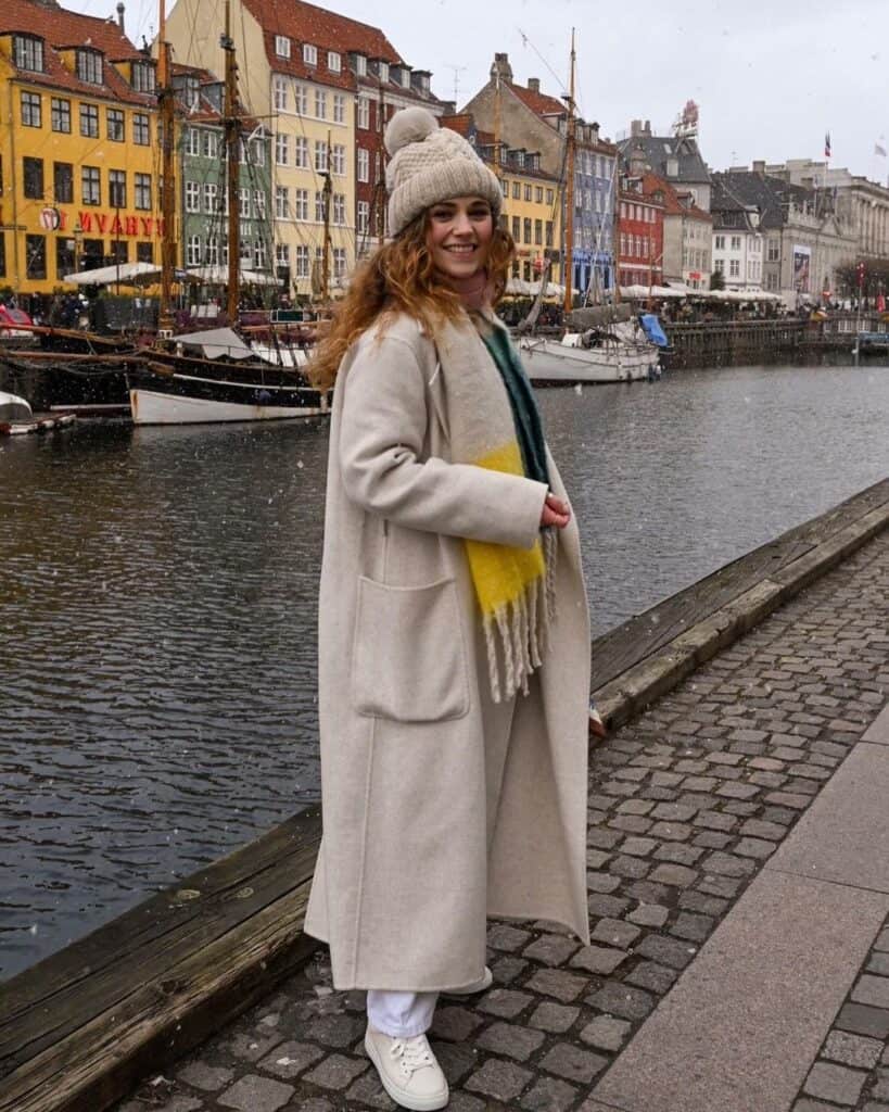 Cream Wool Coat with Colorful Scarf: Cheerful Scandinavian Winter — Scandinavian Winter Outfits