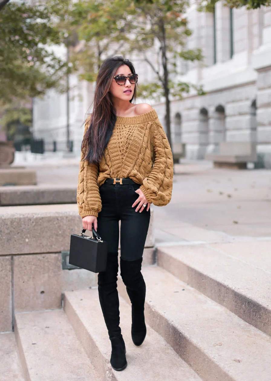 Chic Contrast with Black Over-the-Knee Boots and a Camel Sweater Chic Contrast with Black Over-the-Knee Boots and a Camel Sweater — Over the Knee Boots Outfits